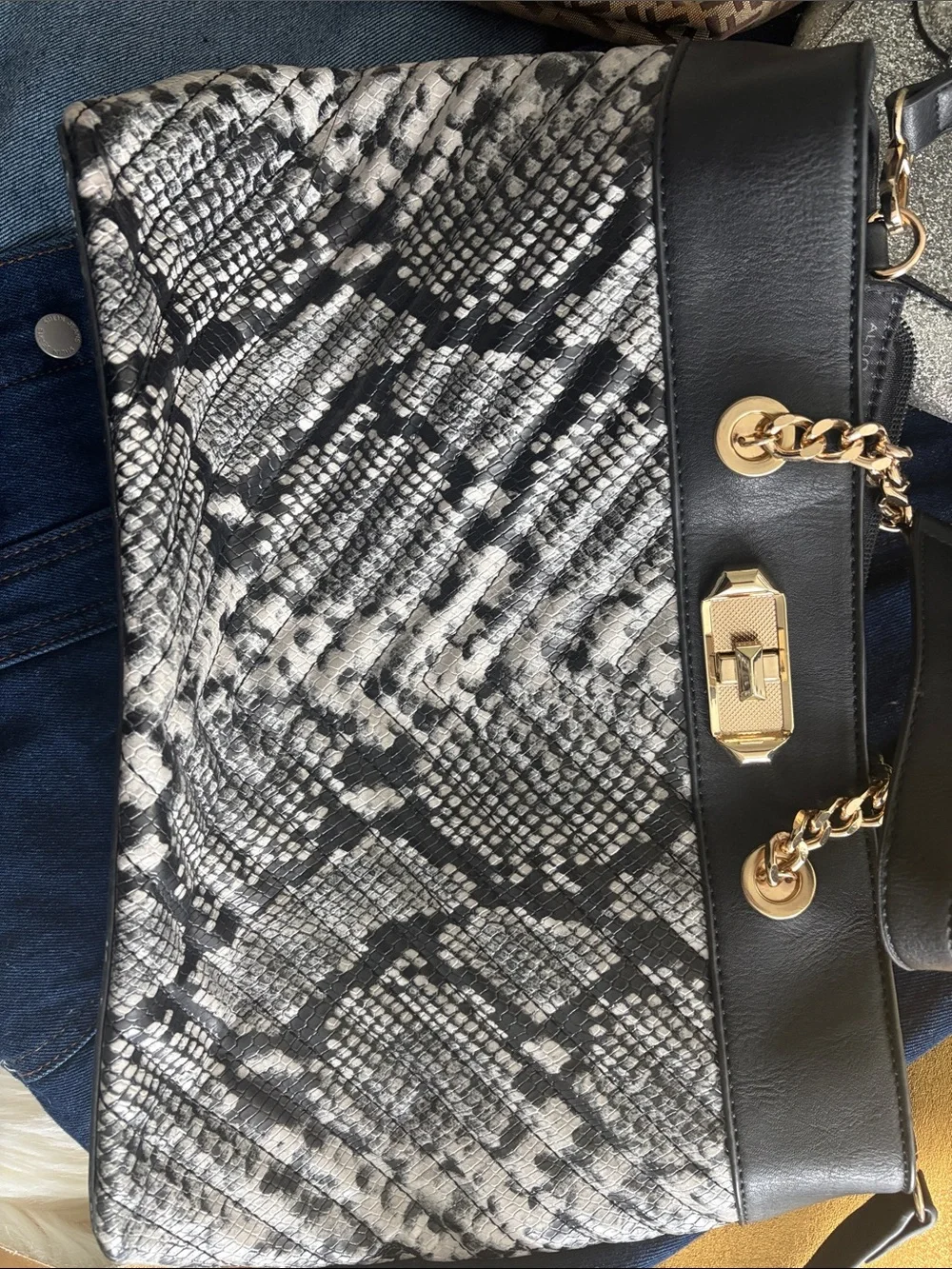 Aldo Black and White Snake-Print Satchel with Gold Hardware